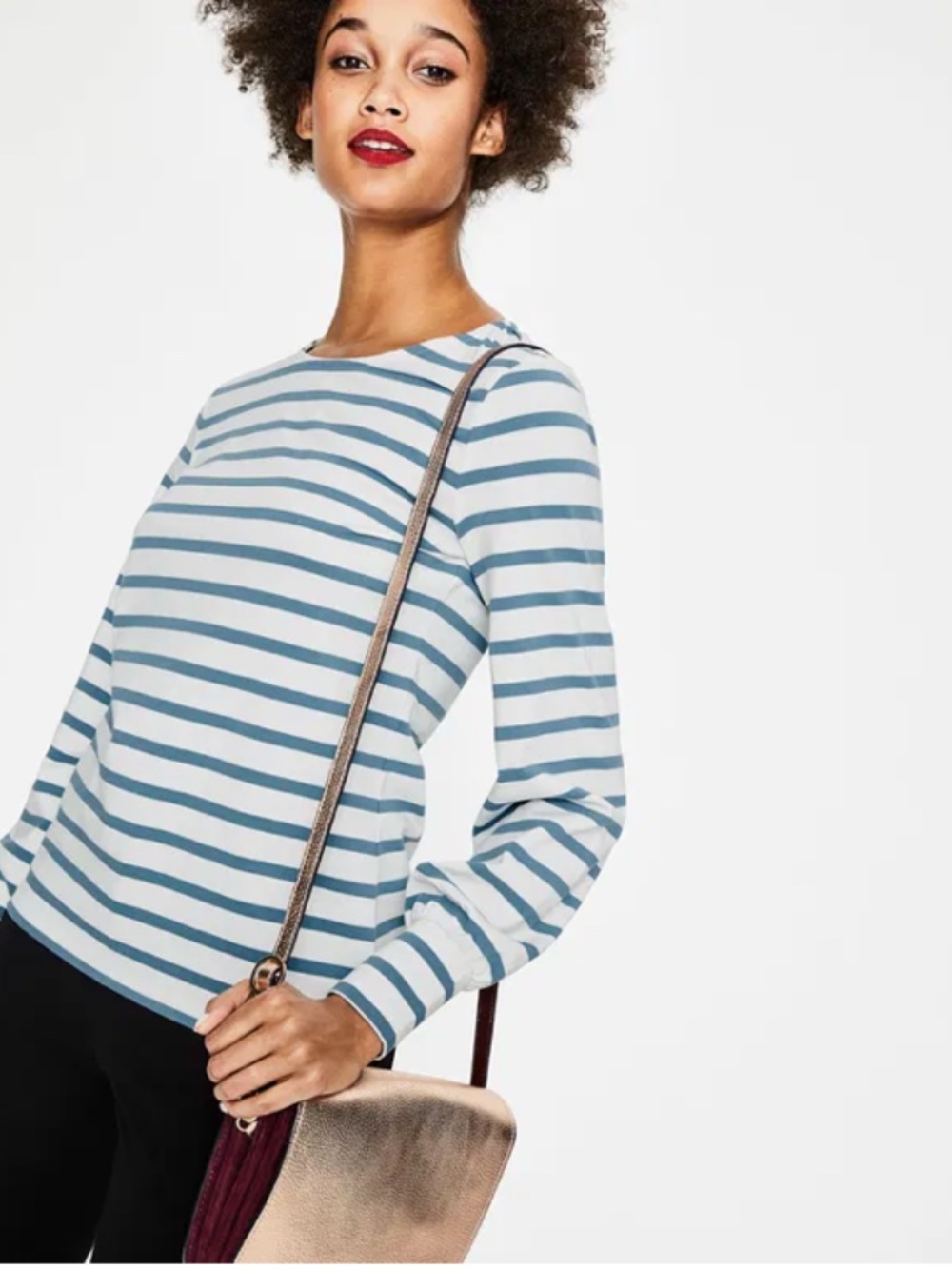 Boden Lena Breton Long Sleeve Top in Ivory and Teal green stripe Size 18 (J)